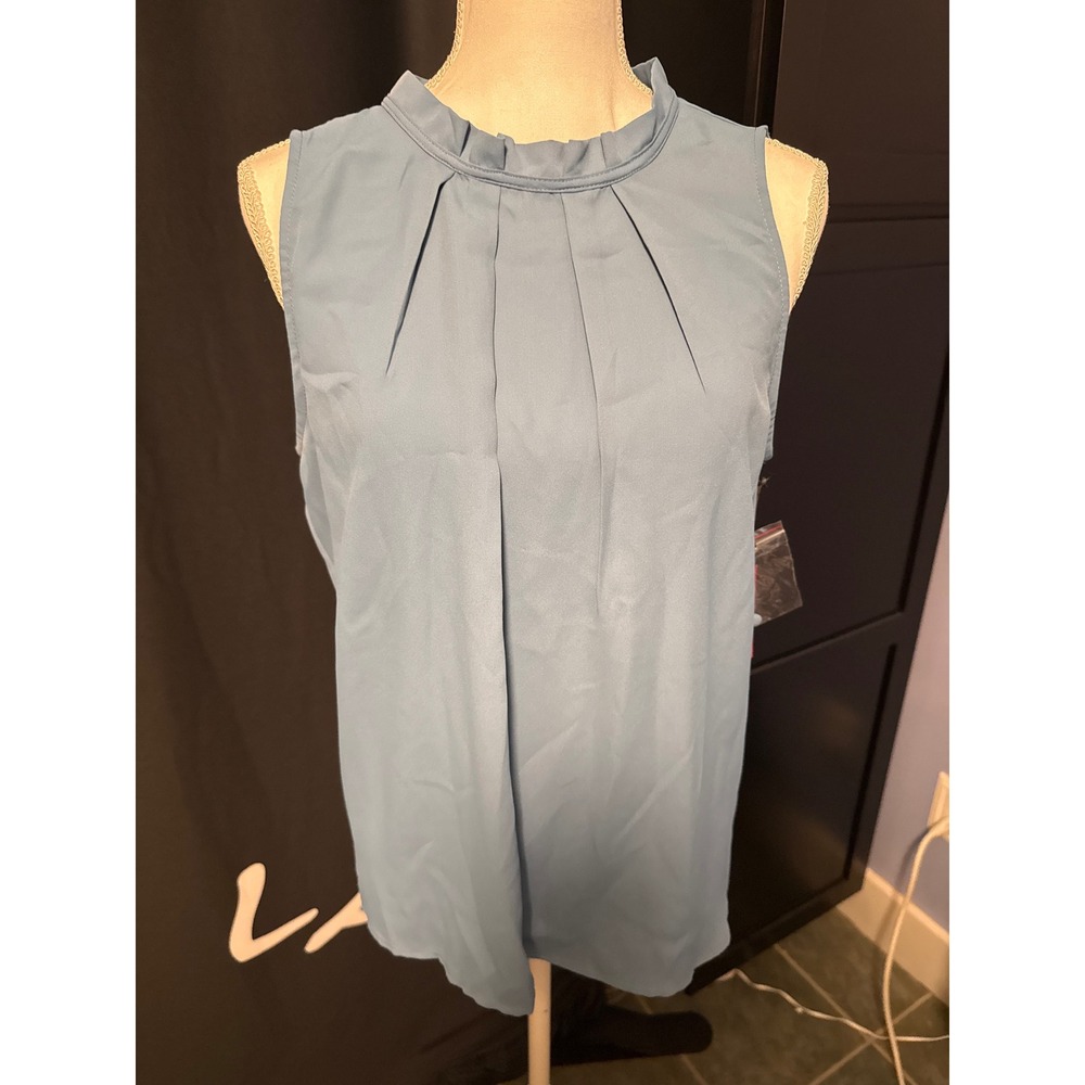 Vince Camuto Womens Blue Pleated Mock Neck Ruffle Sleeveless Blouse Size M NEW